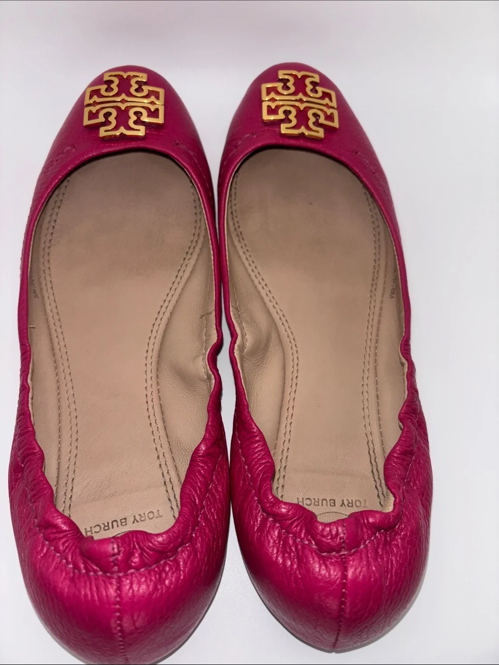 Tory Burch Hot Pink Leather Logo Ballet Flats with Gold Emblem